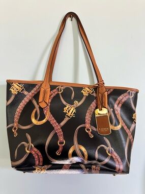 Lauren Ralph Lauren Black Tote with Brown Trim & Gold Hardware